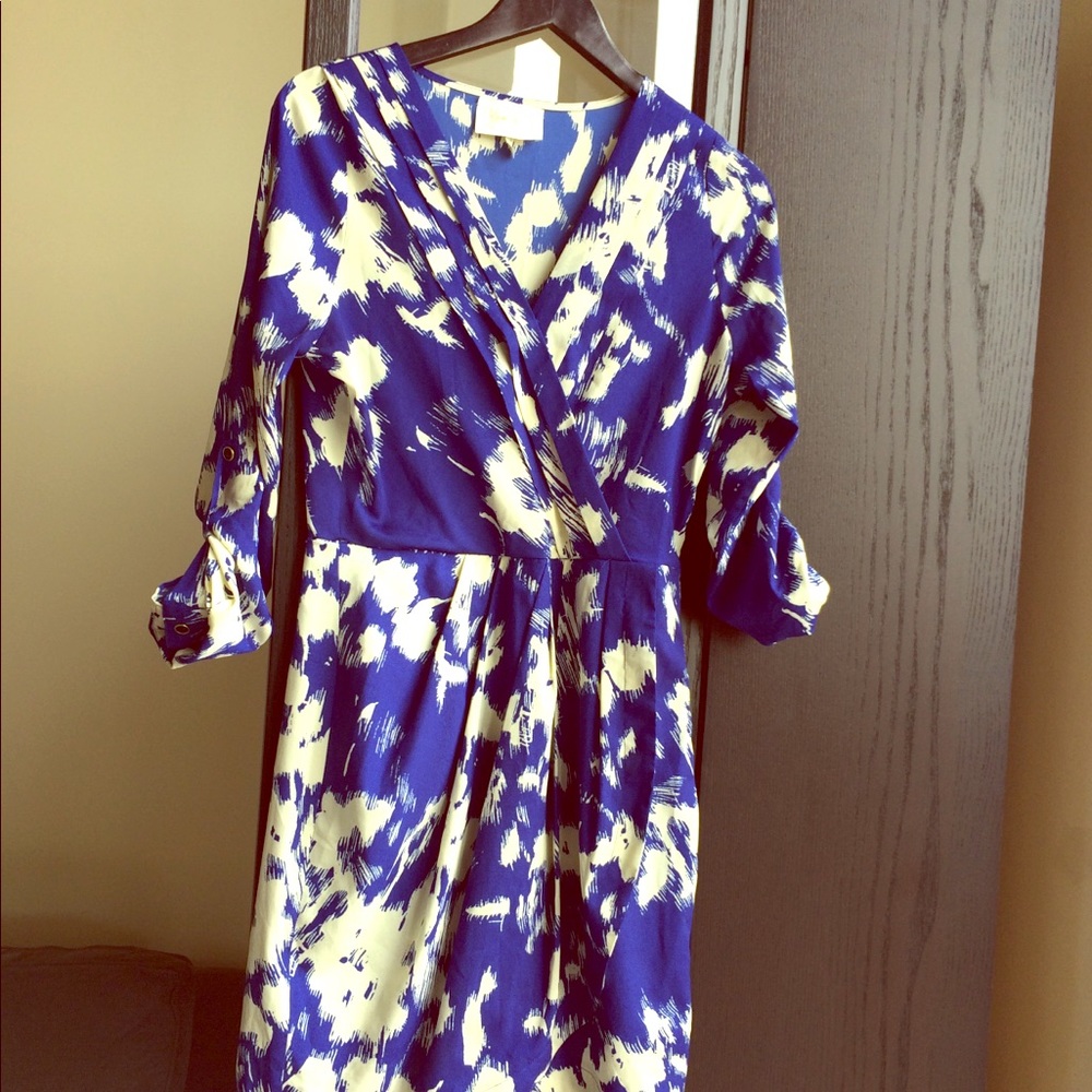 Cream and vivid blue Abstract floral dress